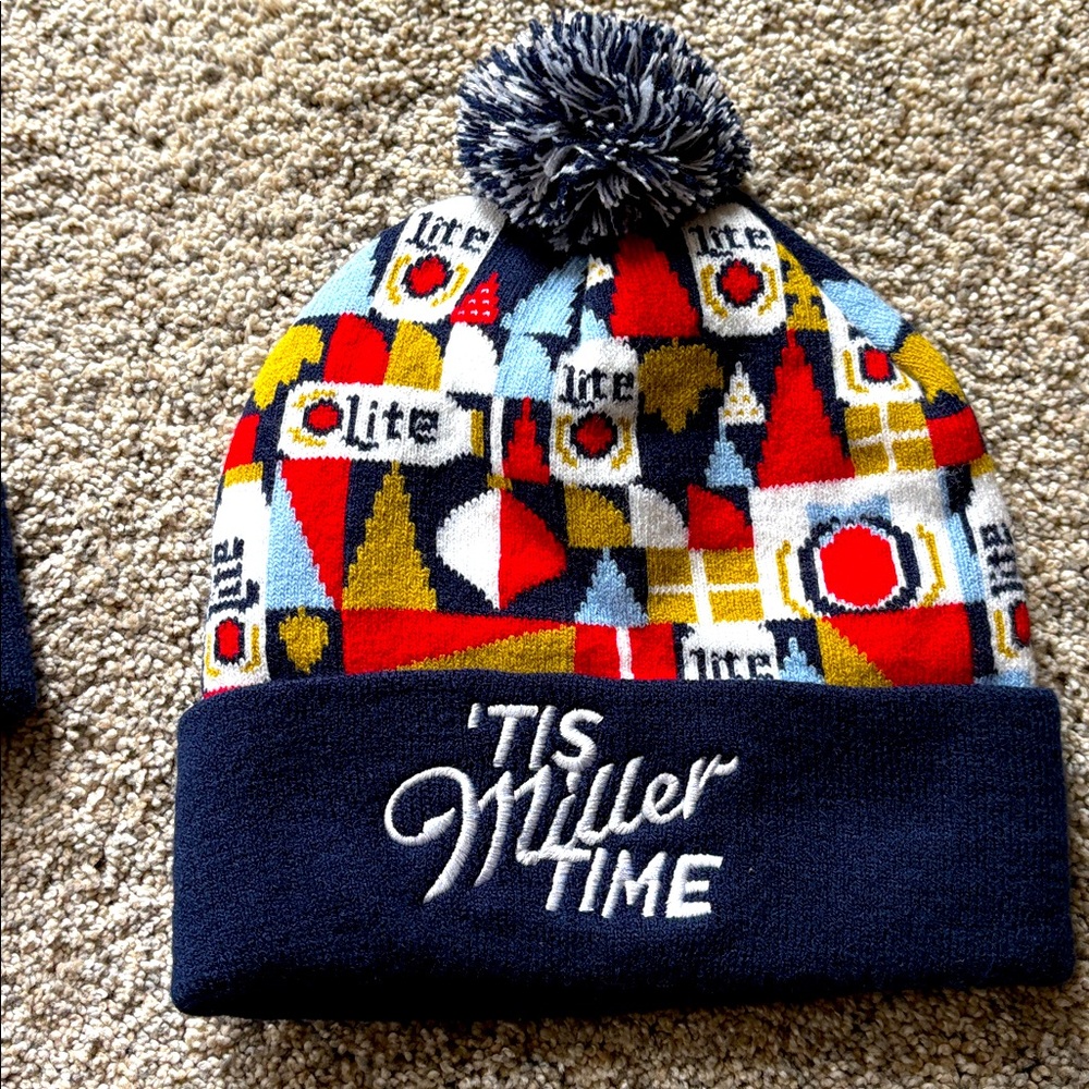 Miller Lite Winter Beanie Cap Pom Pom Blue Red Hat Unisex Mens Womens